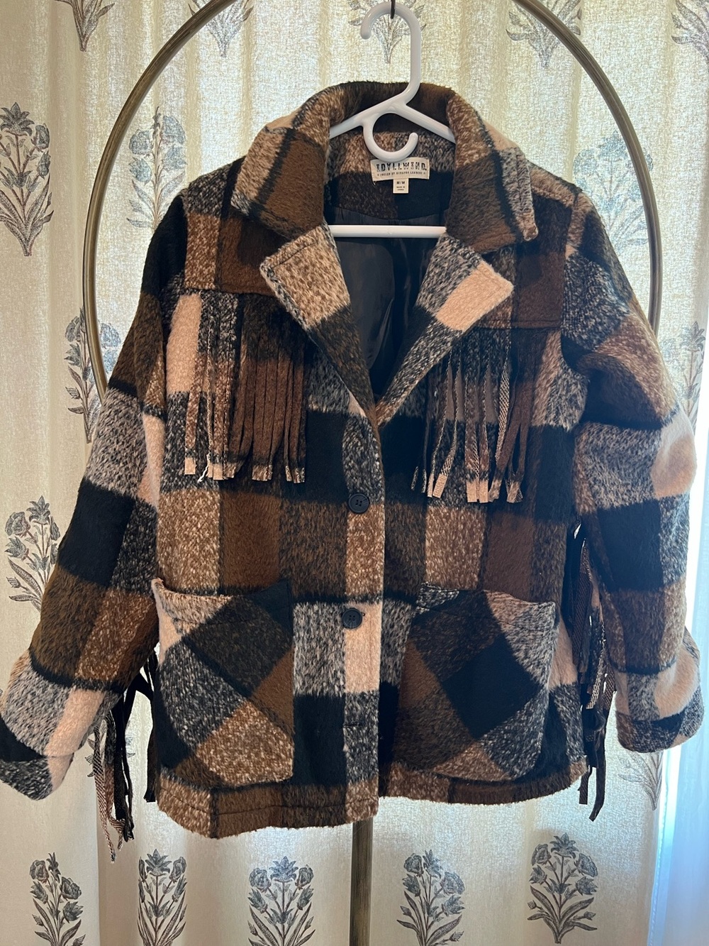 Idyllwind Brown Plaid Fringe Teddy Jacket. Medium